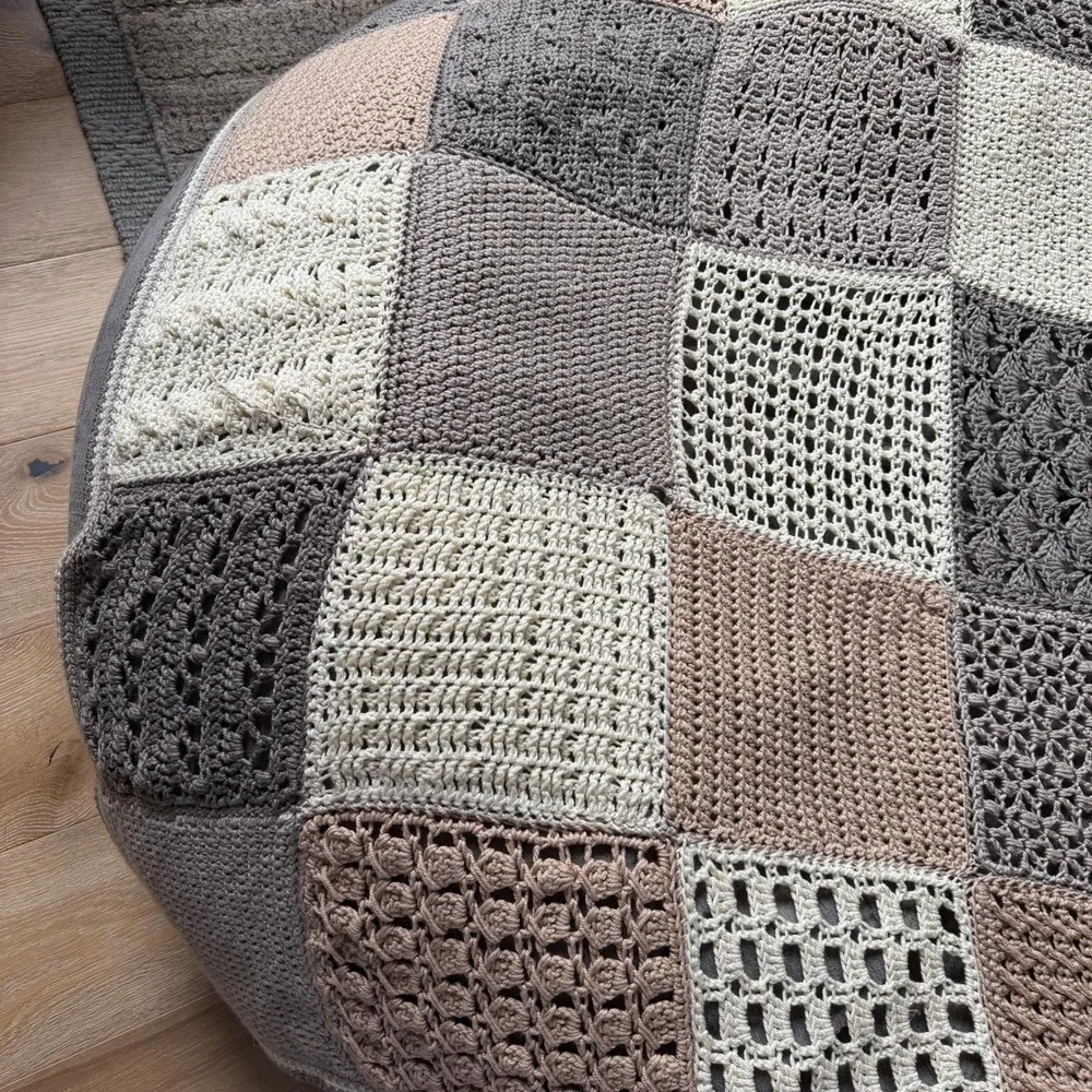Handmade‎ Crochet Patchwork Blanket Neutral Taupe Grey Cream Throw 62x55 Soft